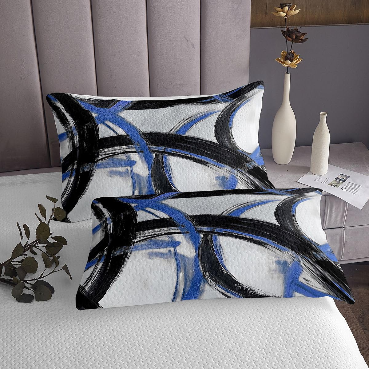 jejeloiu Blue and Black Striped Bedspread Quilts Abstract Gromment Stripes Coverlet Set King Size for Kids Boys Girls Modern Geometric Quilted Coverlet for All Season with 2 Pillowcases Microfiber