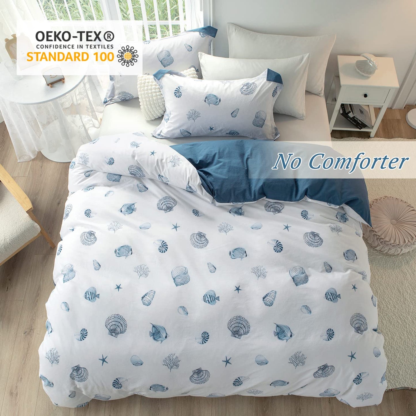MILDLY Blue Seashell Pattern Duvet Cover Set Nautical Comforter Cover 3pcs