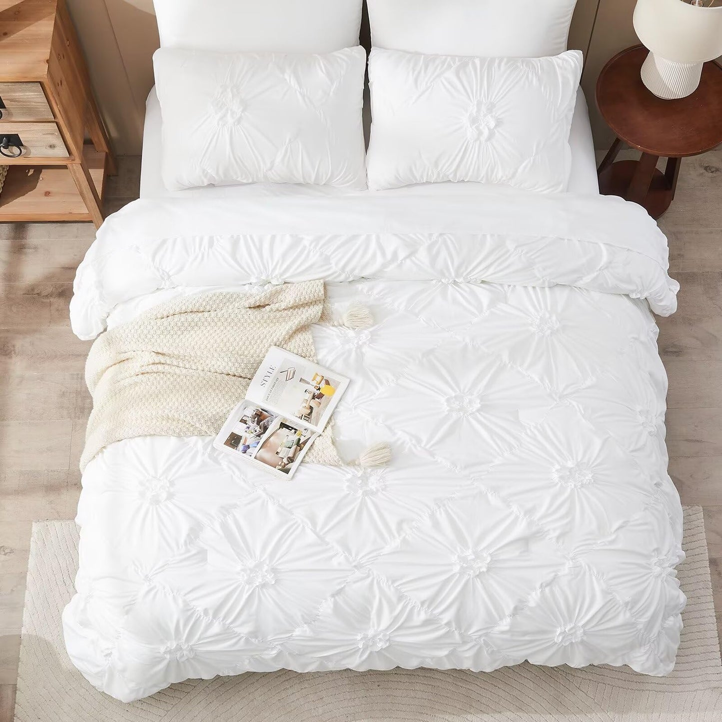Jameswish White Comforter Set Queen Size Bed in A Bag 7 Piece Pinch Pleat Bedding Set,Pintuck Ruched Flowers Bed Set with Comforter, Sheets, Pillowcases & Shams