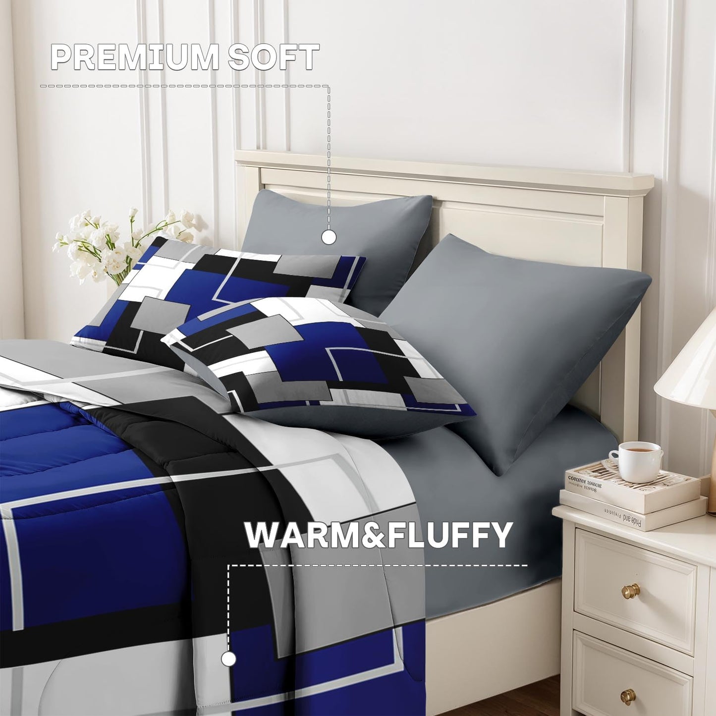 Nesker Comforter Set Full Size, Blue Black Geometric 7 Pcs Bedding for Kids and Adults, Abstract Modern Grey Bed Sheet Sets with Fitted Sheet 2 Pillowcases & 2 Shams