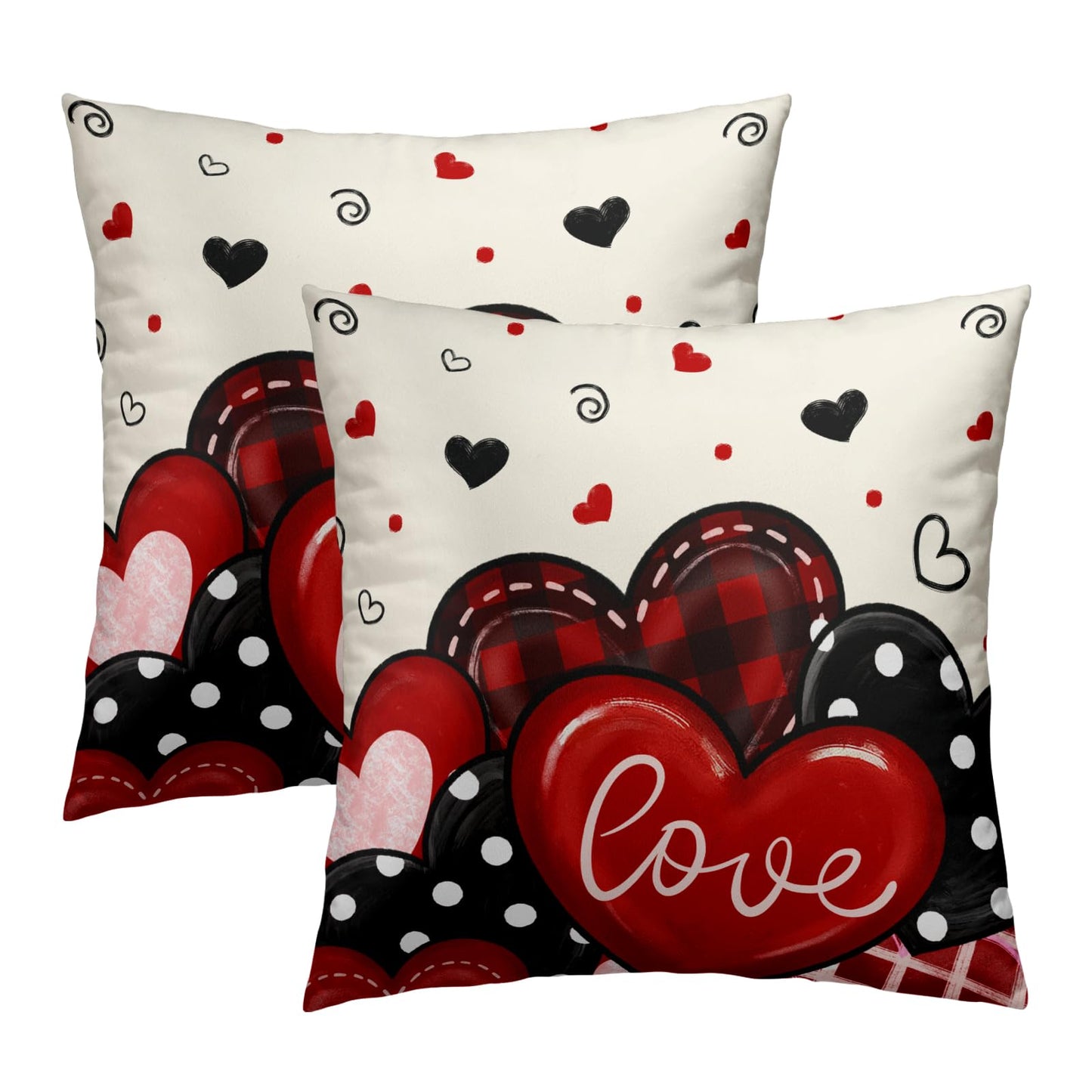 Mweet Valentines Day Pillow Covers 18x18 Inch Set of 2, Red Black Plaid Dots Hearts and Love Design Square Pillowcases for Sofa Couch Bed Chair Indoor Outdoor Home Decor