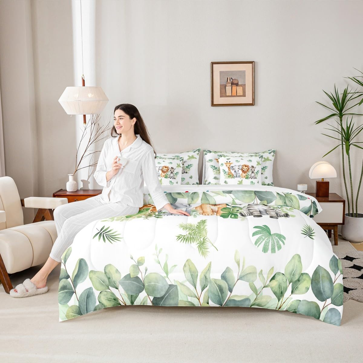 Erosebridal Jungle Animal Twin Size Comforter Set with Sheets | Giraffe Elephant 7-Piece Bedding Set Green Botanical Eucalyptus Palm Leaves Bed in a Bag Zebra Lion Safari Animal Bed Quilt Sets