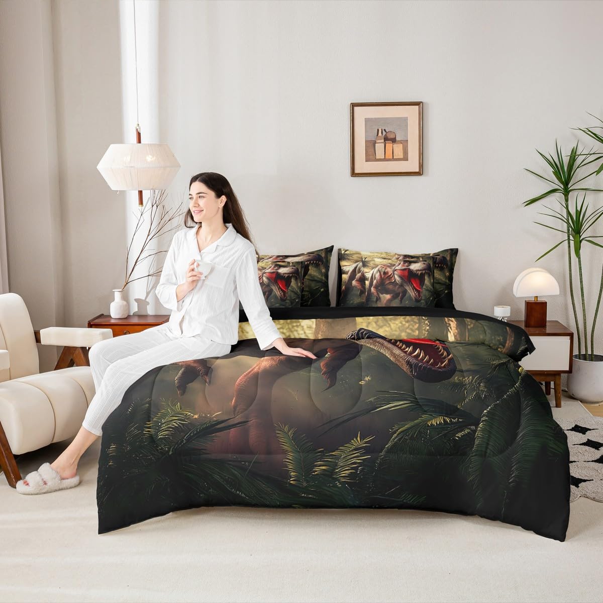 Erosebridal Dinosaur Queen Bedding Set - Fierce Animal Bed in A Bag,Forest Jungle Theme Comforter Sets with Sheets, Wild Animal Print 7 Pieces Bed Set Bedroom Decor