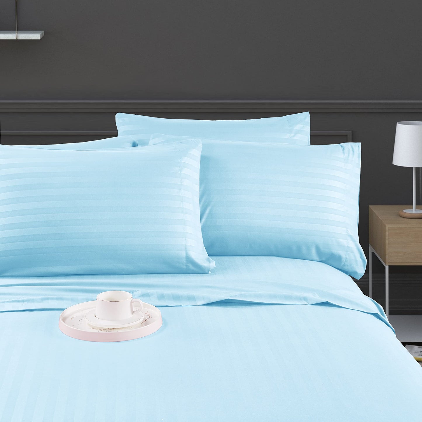 Mocassi Queen Stripe Sheet Set - Luxury Hotel 1800 Premier Bedding Sheets & Pillowcases - Ultra Soft Breathable & Cooling Bed Sheets - Wrinkle Resistant - 6 Piece Set - Queen, Aqua Blue