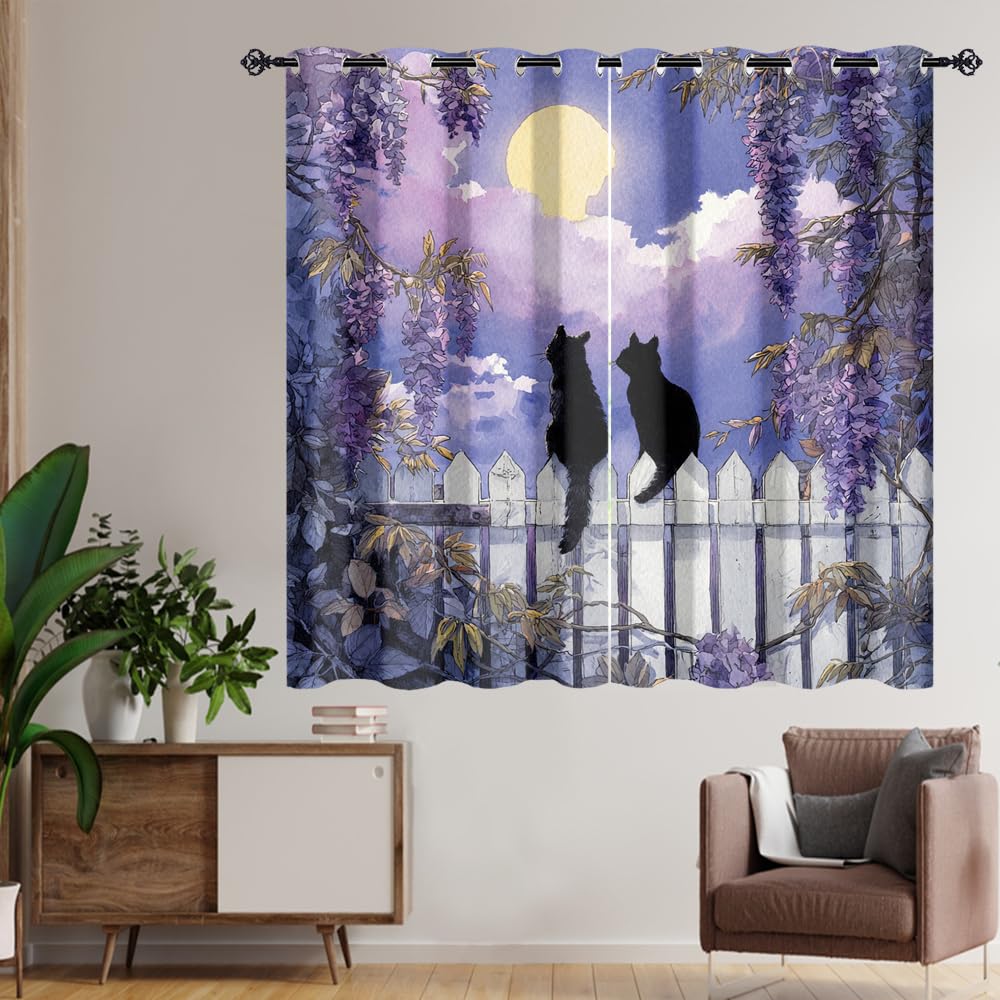 XSUPFLYM Cute Realistic Black Cat Window Thermal Curtain Rustic Full Moon Night Japanese Animal Black Cat Plant Lilac Floral Blackout Curtains for Bedroom 2 Panels Each.Each 21" W x 45" L