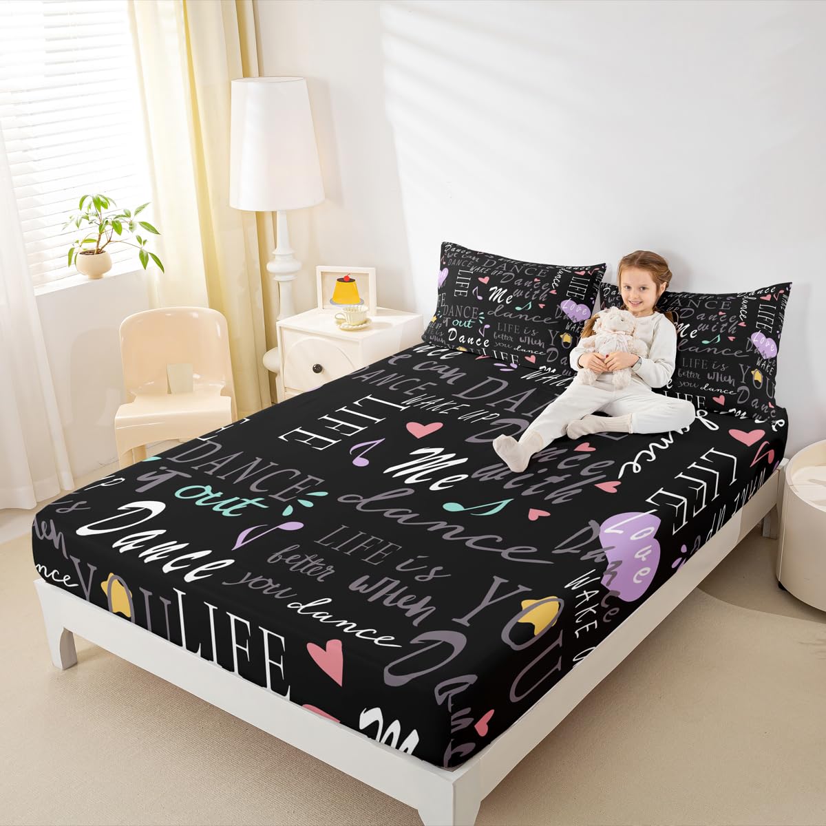 Feelyou Hippie Graffiti Bed Sheets Set Girls Dance Life Bedding Queen Size Includes 1 Fitted Sheets & 2 Pillowcases (No Flat Sheet)