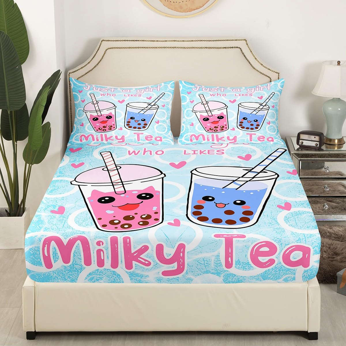 Boba Bed Sheet Set Girl Loves Boba Bedding Set Kawaii Bubble Tea Stuffed Fitted Sheet for Kids Adults Cartoon Boba Bed Cover Full Size Bed Set