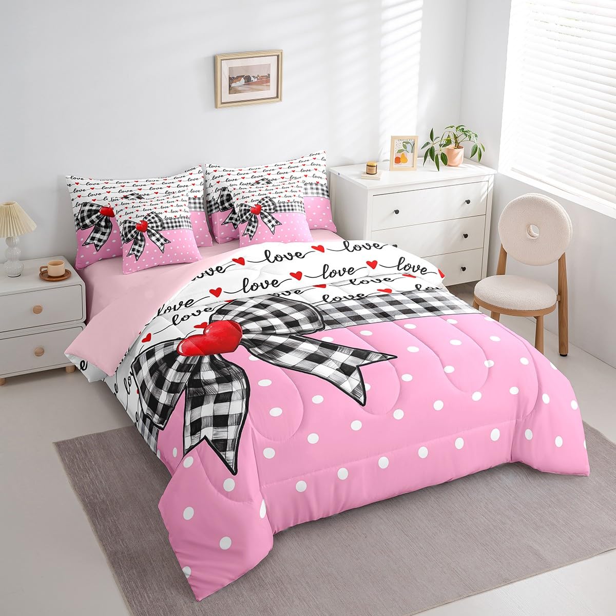 Erosebridal 7 Piece Valentine Bowknot Kids Comforter Set for Girls,Love Heart Shaped King Bedding Set for Girlfriend,Dreamy Princess Style Bed Set,Buffalo Plaid Grid Polka Dots Duvet Insert