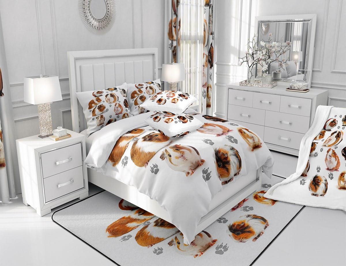 Manfei Guinea Pig Sheet Set Cute Guinea Pig and Footprint Decor Fitted Sheet Cute Animal Bedding Set 2pcs for Kids Soft Polyester Bed Sheets (1 Fitted Sheet + 1 Pillow Case) Twin Size