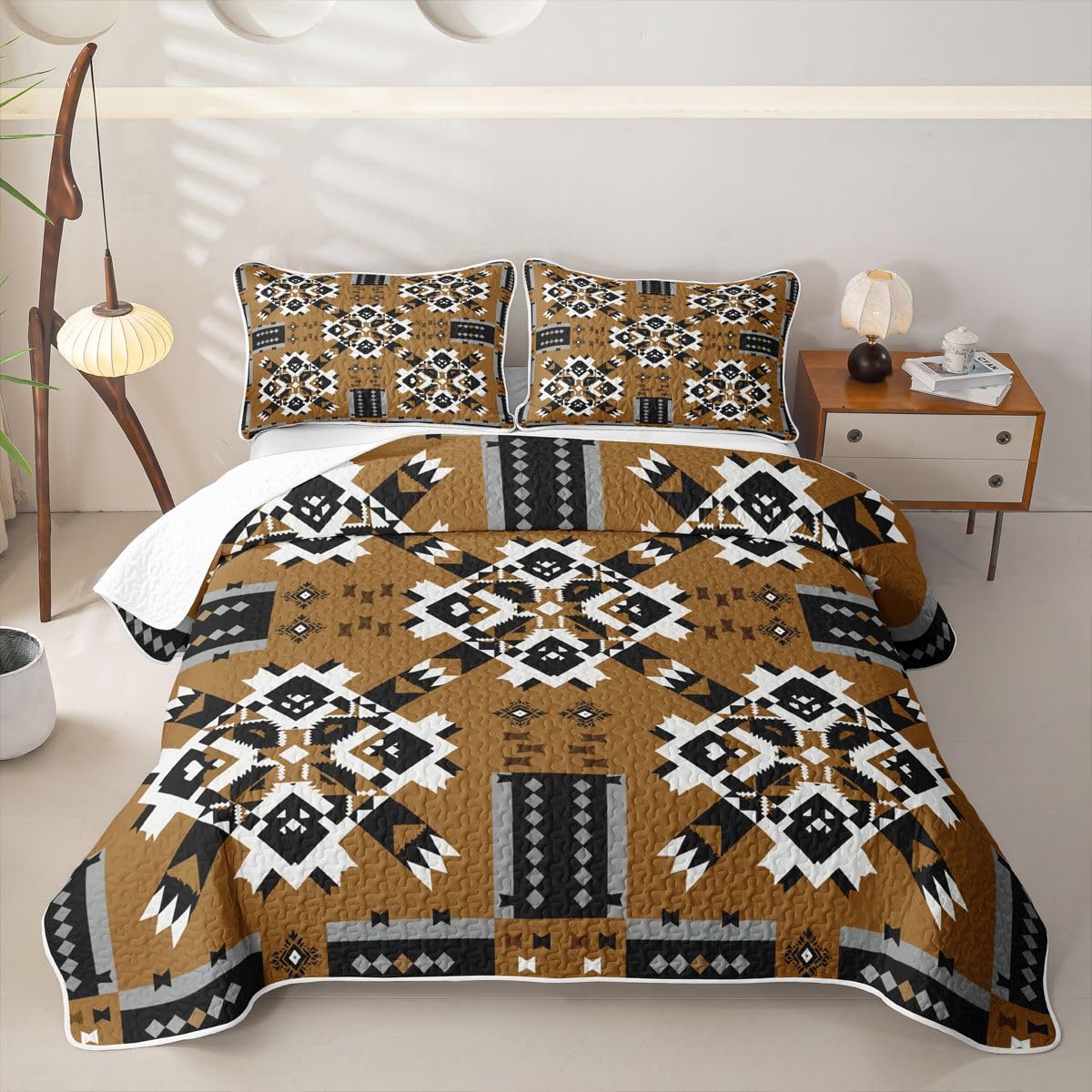 Caramel Tan Southwestern Kids Queen Quilt Bedding Set,Soft Bedspread Coverlet Quilted Blanket,Aztec Tribal Black White Geometric 3 Piece Quilted Bedding for Boys Girls Teens Quilted Comforter