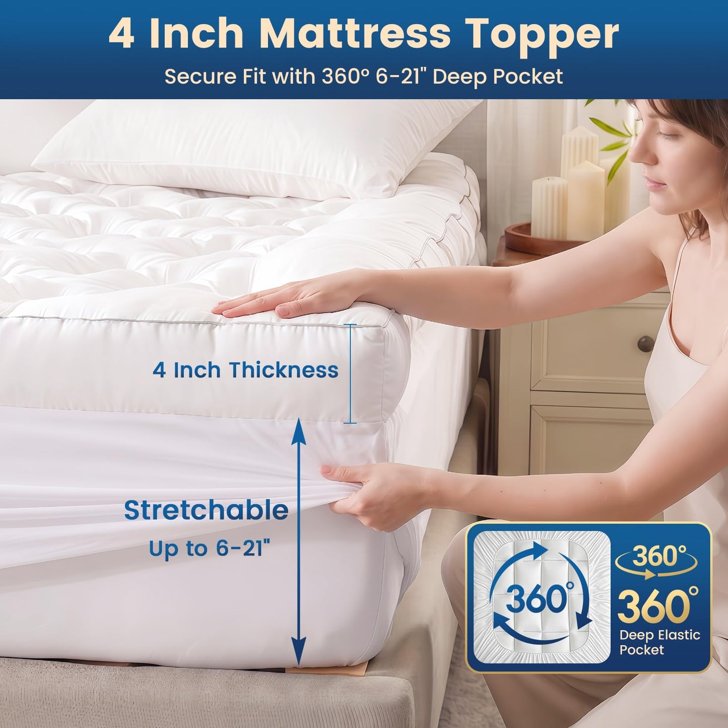 Cosybay 4 Inch Memory Foam Mattress Topper King for Back Pain Relief, Quilted Pillow Top Fitted Mattress Pad with 360° All-Around Elasticized Pocket, 6-21'' Deep Pocket