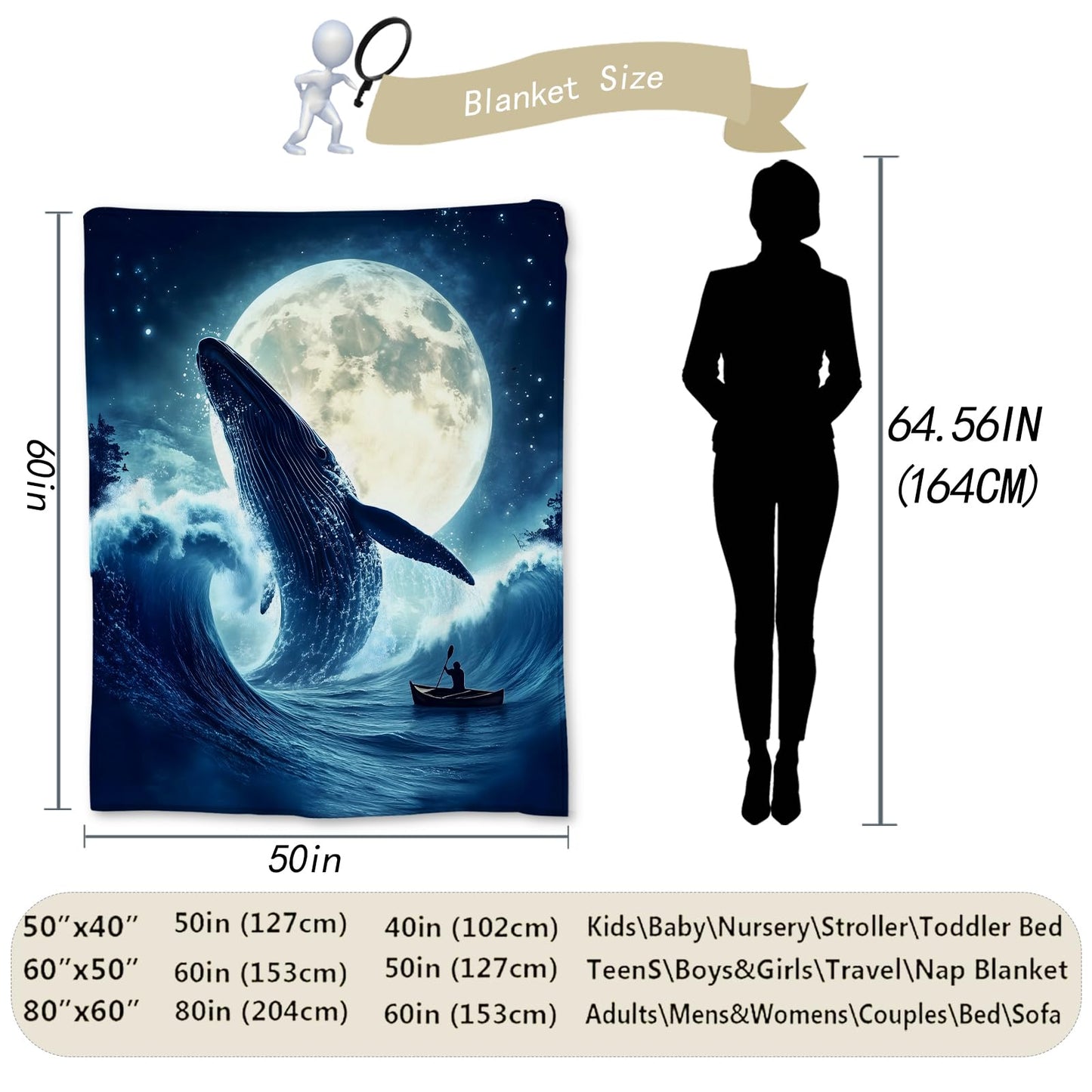 Ti Caldi Whale and Moon Blanket, Soft Cozy Flannel Marine Throw Blanket for Adults Kids Men Women, Lightweight Warm Fuzzy Blankets for Couch, Bed, Travel & Home Decor 60×50 in
