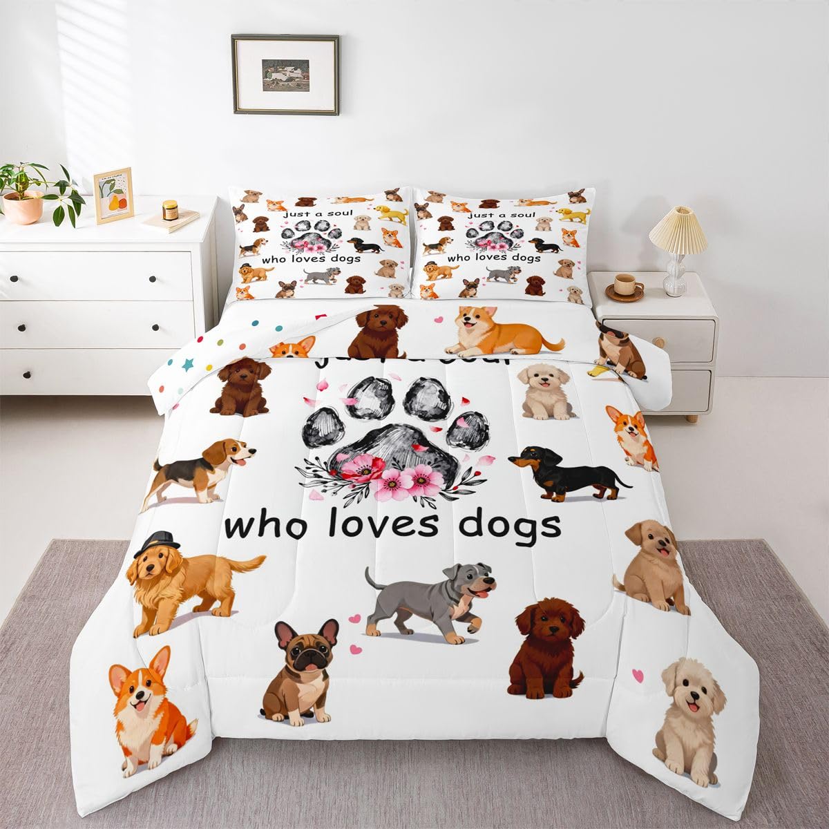 jejeloiu Dogs Bedding Set Soft for Boys Girls, Puppy Dog Comforter Set Toddler Size Cute Animals Duvet Quilt Microfiber Bedroom Decor 2 Pcs with 1 Pillow Cases