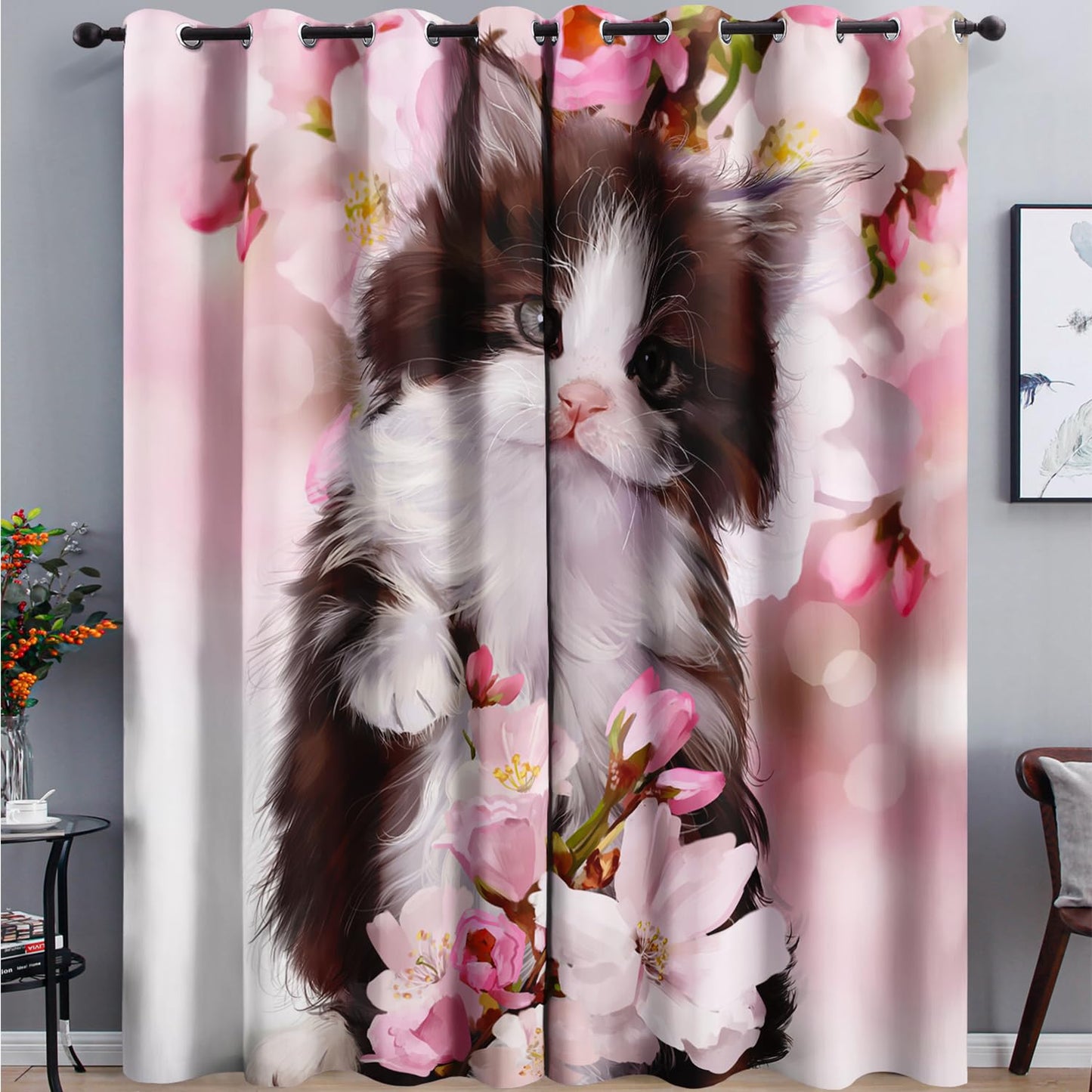 AILONEN Cute Kitten Window Curtain, 3D Cat Drapes Curtains for Bedroom Living Room,Pink Sakura Cow Cat Window Treatments Drapes for Kids Boys Girls, 38" W x 45" H 2 Panels
