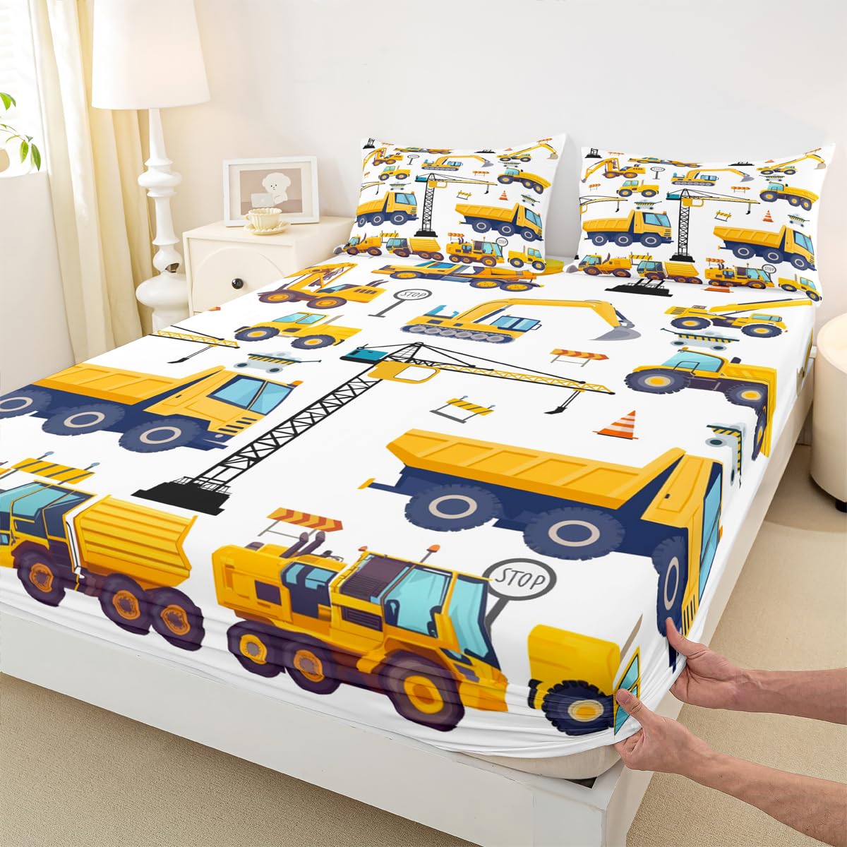 Erosebridal Kids Construction Bed Sheets Twin Excavator Truck Fitted Sheet for Boys Tractor Vehicle Toddler Bedding Sheets Cartoon Car Bed Set Yellow Blue 1 Pillow Case Child Room Decor