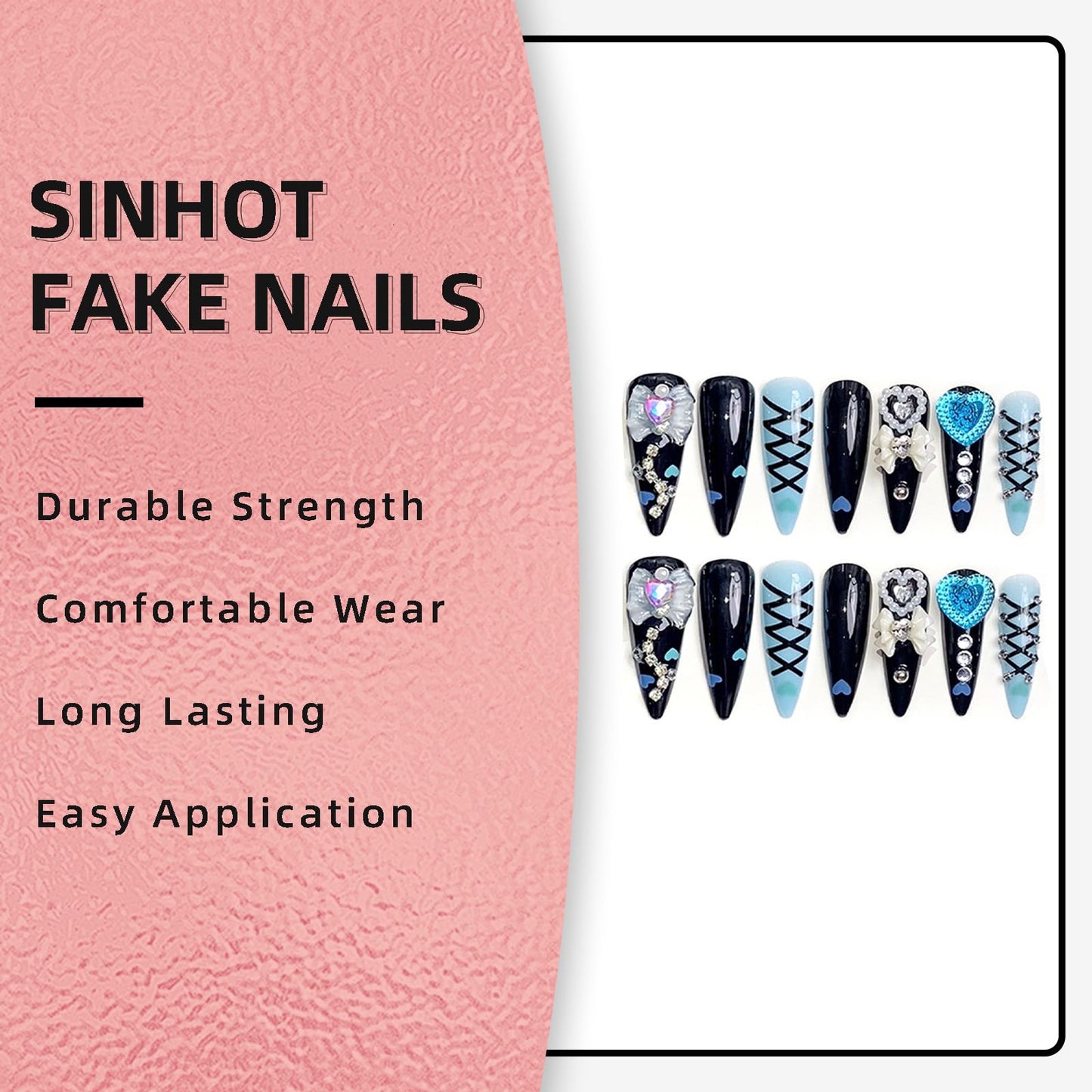 SINHOT Stiletto Press on Nails - Long Fake Nails, Glossy Finish, Handmade Luxury Charms & Black Blue, DIY Artificial False Nail Art - 24 Pcs Nail Kit with Glue