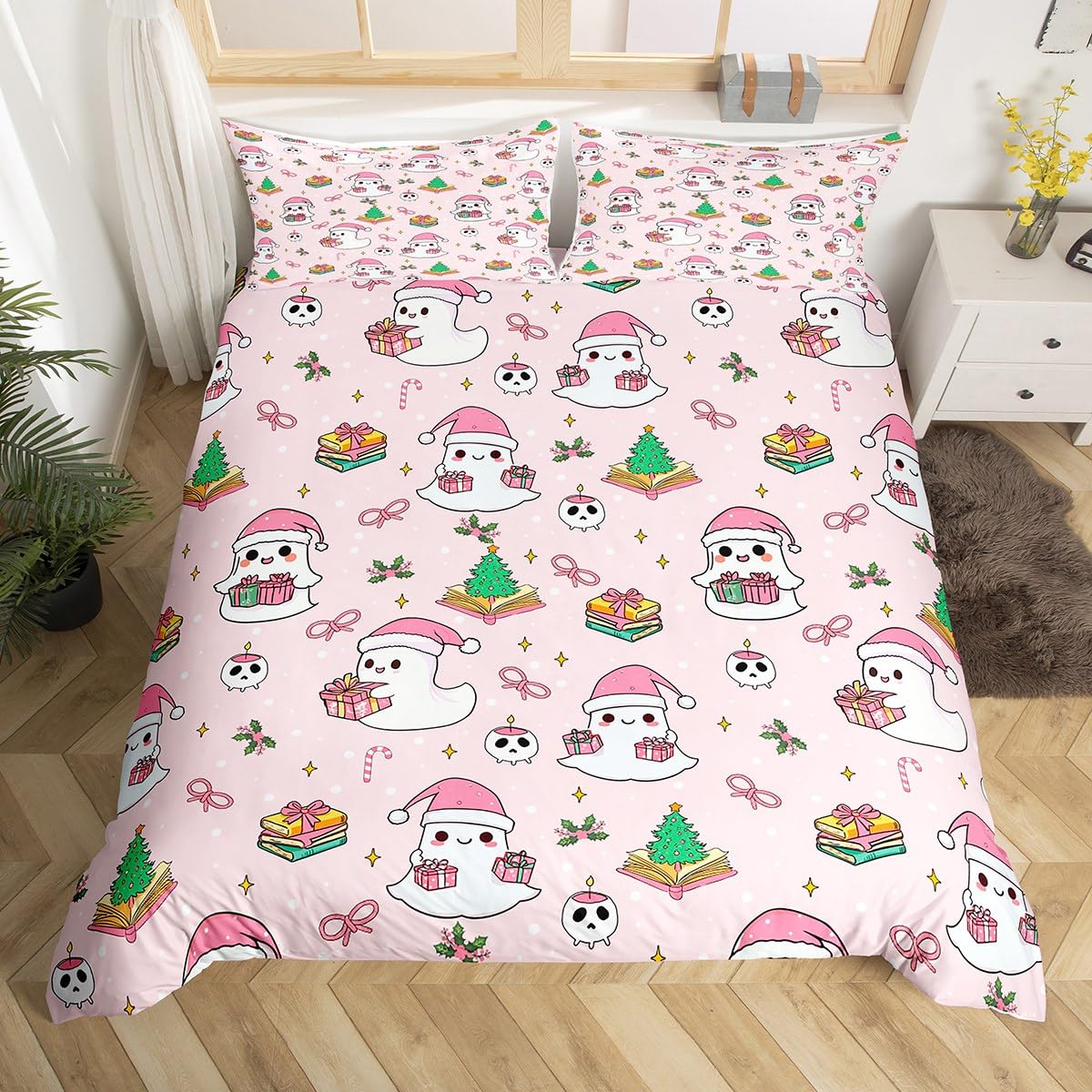 Christmas Ghost Duvet Cover Set Twin Size,Pink Santa's Hat Bedding Sets 2Pcs for Kids Girls Boys Adult Room Decor,Cartoon Christmas Tree Comforter Cover Candy Stars Print Quilt Cover,1 Pillowcase