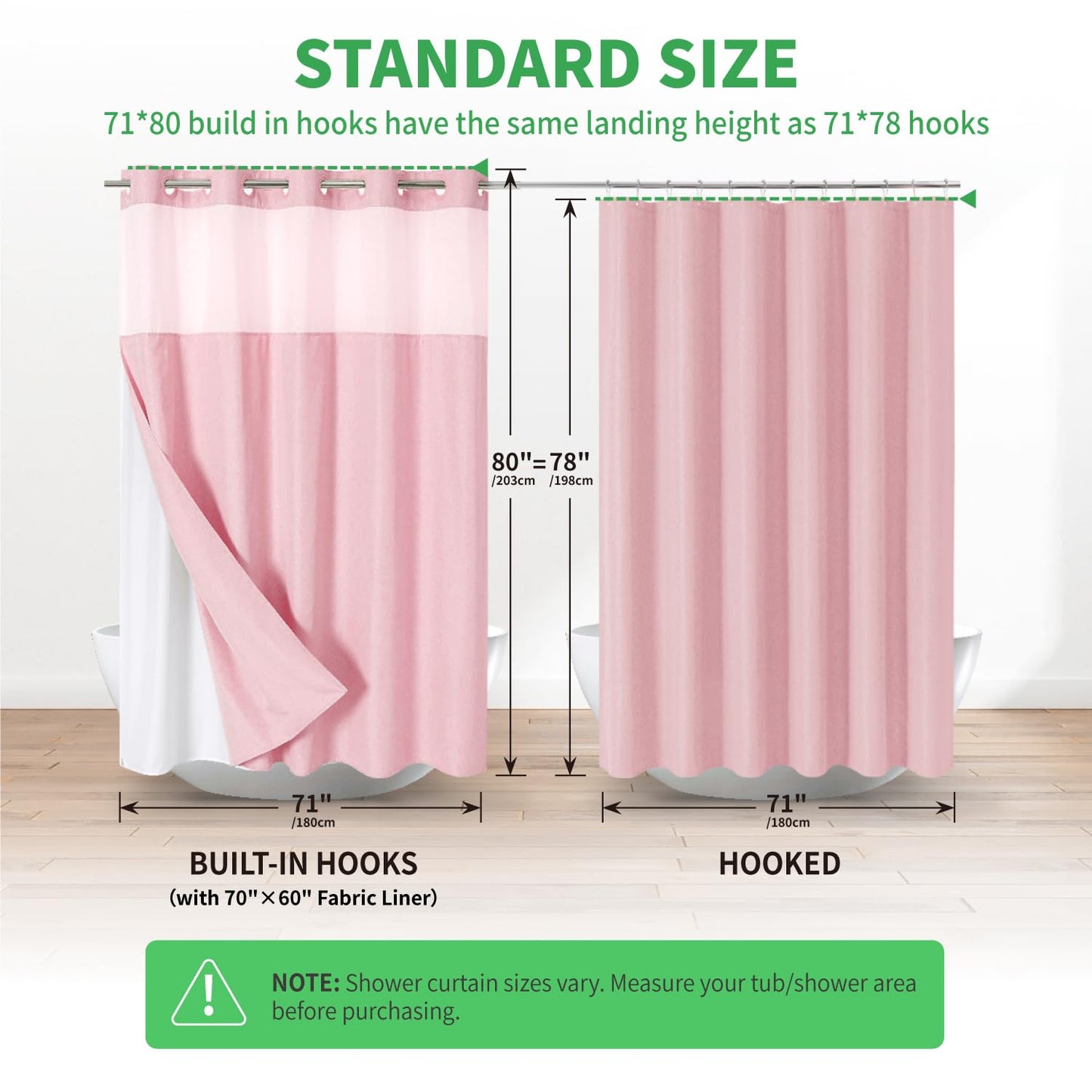 eachope Long No Hooks Needed Linen Textured Shower Curtain with Snap-in Fabric Liner Set,Hotel Luxury Decor Shower Curtains for Bathroom,Waterproof & Washable,71Wx80H,Pink