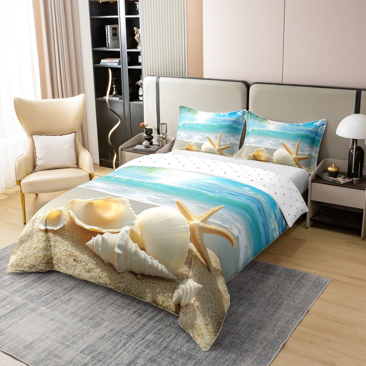 100% Cotton Beach Themed Bedding Sets Twin Blue Ocean Comforter Cover Seashell Starfish Printed Bed Sets Beach Coastal Duvet Cover 1 Duvet Cover 1 Pillowcases for Kids Teens Adults (No Comforter)