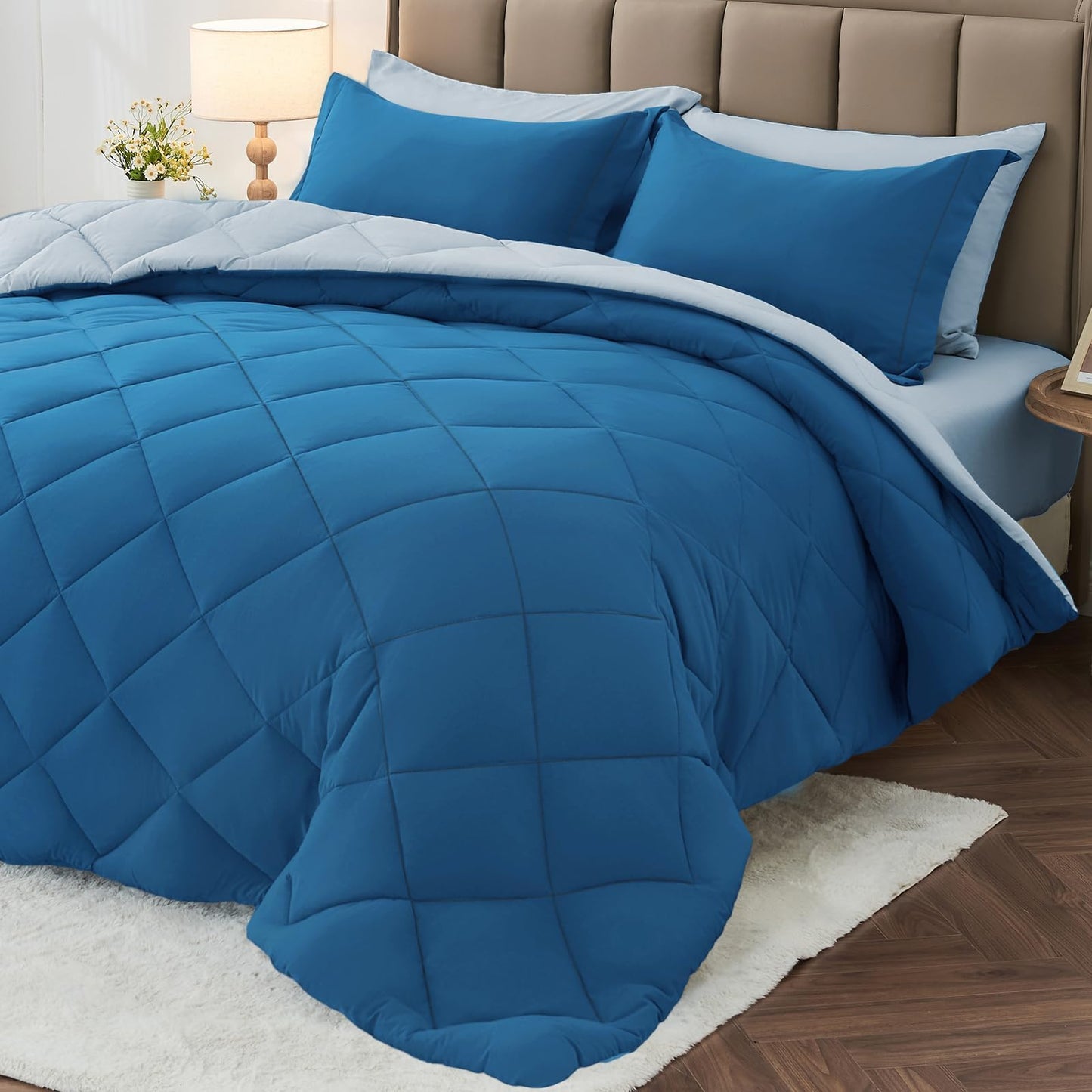 MUXHOMO 7 Pieces King Comforter Set, Reversible Bed in a Bag King Size, All Season Bedding Set with Comforter, Flat Sheet, Fitted Sheet, Pillowcases & Shams, Teal & Lake Blue