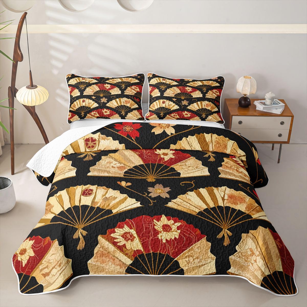 Erosebridal Japanese Folding Fans Quilt Twin Size - Japanese Style Bedspread Cherry Blossoms Bed Coverlet with 1 Pillowcase