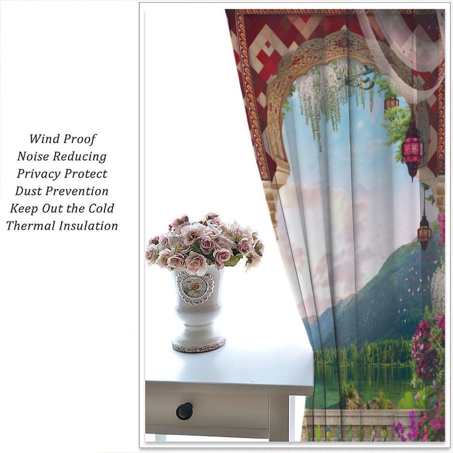 Italian Landscape Curtains for Kitchen Garden Waterfall Lake Nature Scenery Print Pattern Decorative Window Treatments for Bedroom Living Room Bathroom 41x44.5in（No Blackout）