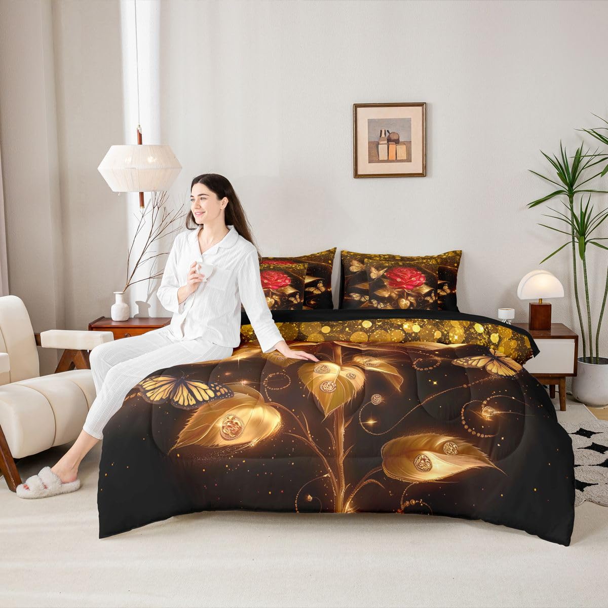 Erosebridal Red Gold Rose Queen Bedding Set 7 Piece Romantic Glitter Butterfly Roses Bed in A Bag with Sheets Valentine Day Gift Comforter Set for Women Men Adults,Golden Floral Flowers Bed Sets