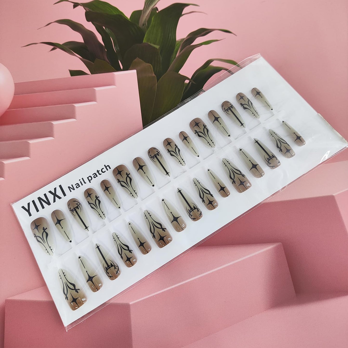 Goth Press on Nails Long Almond Shape Fake Nails with Black Star Designs Gothic Glue on Nail Reusable Artificial Acrylic Gradient Full Cover Glossy Stick on False Nail for Women 30 Pcs