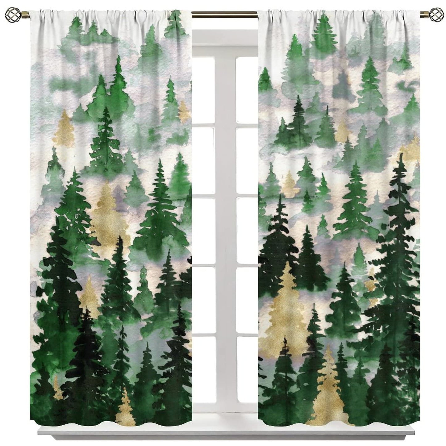 SXXLDNG Green Gold Forest Curtains, Nature Tree Misty Forest Silhouette Landscape Window Treatments Curtains,Tree Woodland Curtains Rod Pocket Drapes for Living Room Bedroom, 42x63in