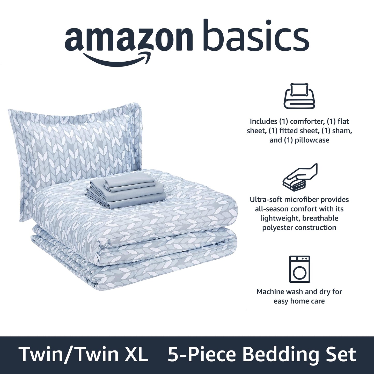 Amazon Basics Twin/Twin XL Comforter Bedding Set with Printed Sheets, 5-Piece, Gray Leaf, Lightweight Microfiber Bed-in-a-Bag, Machine Washable