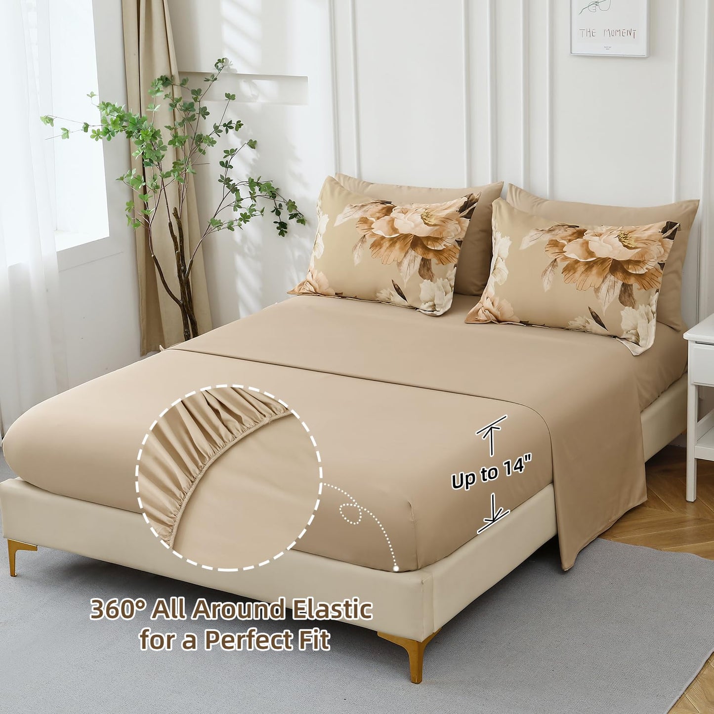 Dobuyly Khaki King Size Comforter Set 7 Piece Bed in a Bag King, Taupe Floral Fall Comforter Set with Sheets, Soft Microfiber Farmhouse Complete Bedding Set for All Season