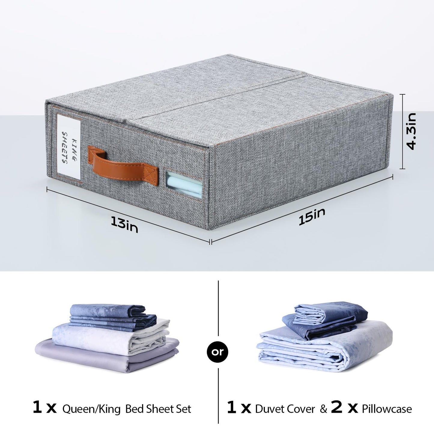 Yecaye 4 Pack Bed Sheet Organizer, Foldable Linen Closet Organizers and Storage (Queen & King Size) with Window & Label, Bedding Storage Box for Bedsheets, Duvet Covers and Pillow, Grey