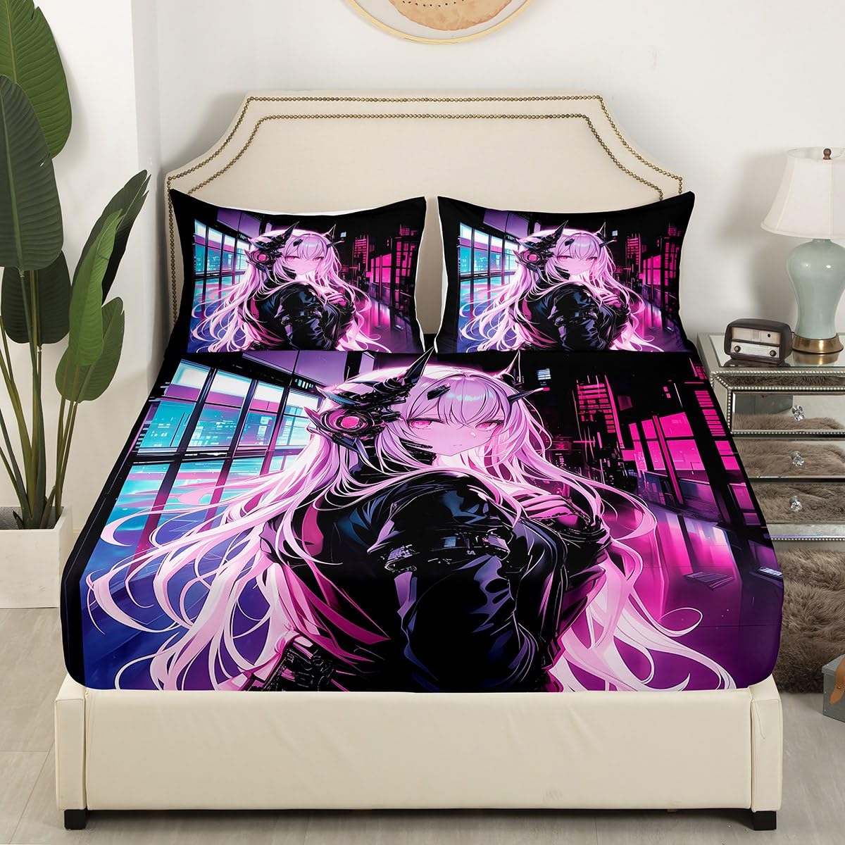 Erosebridal Japanese Anime Fitted Sheet Full Size, Anime Girl Bedding Set Kawaii Japanese Style Bedding Set Cartoon Japan Animation Bed Set for Boys Teens Adult Women Bedroom Decor