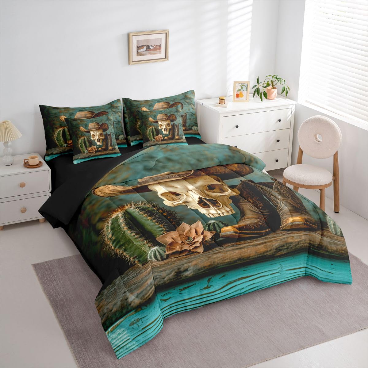 Erosebridal Cowboy Hat 7 Piece Bedding Set Queen Sugar Skull Comforter Set with Sheets Withered Flower Boots Cactus Farmhouse Bed in a Bag Western Theme Bronze Boho for Teens Men Women