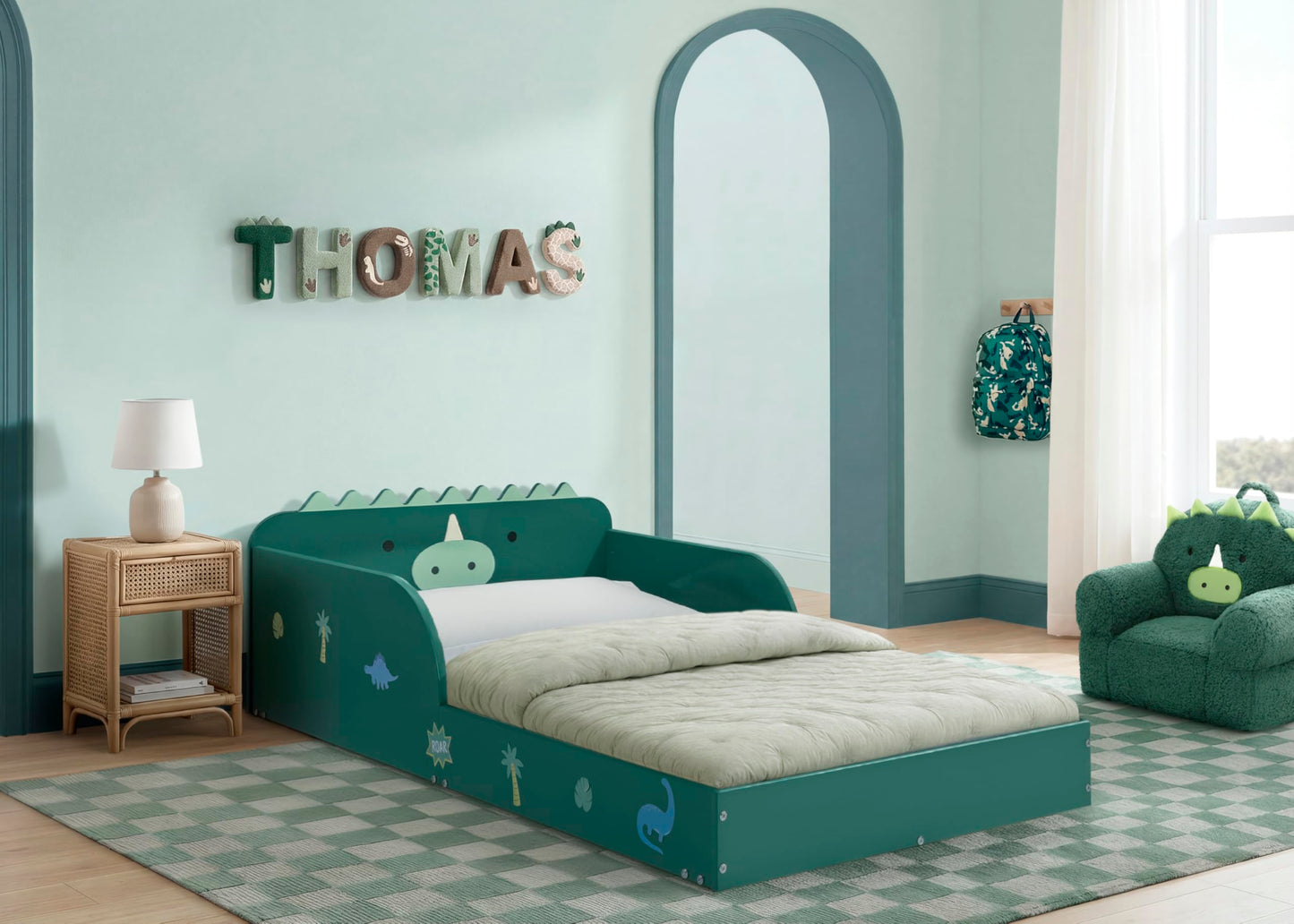 Delta Children Dino Wood Floor Toddler Bed with Reusable Stickers, Green