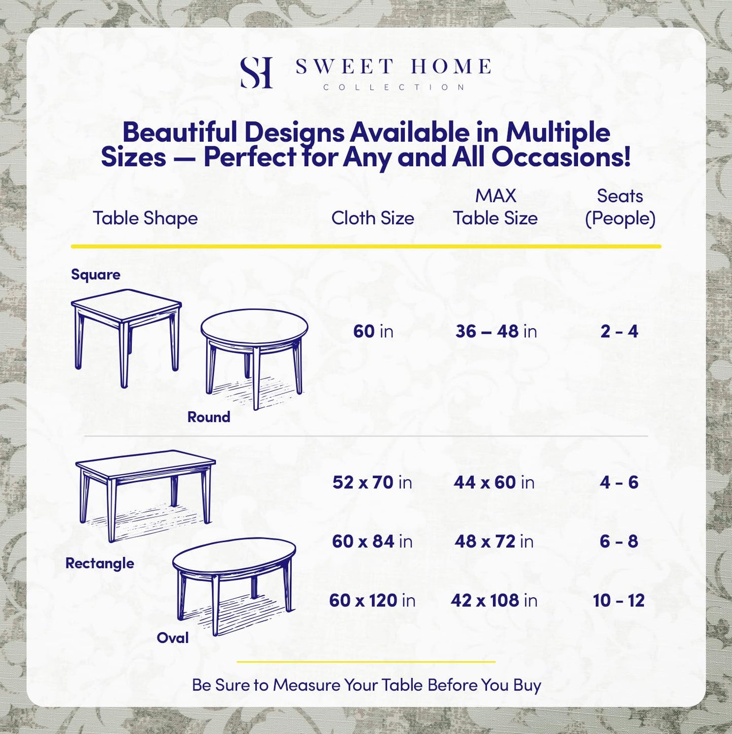Rectangle Tablecloth 60" x 102" 100% Waterproof Fabric — Wipe-Clean, Tear-Proof Decorative Table Cover for Indoor & Outdoor Dining Elegant Patterns for Kitchens, Dining Rooms, Damask