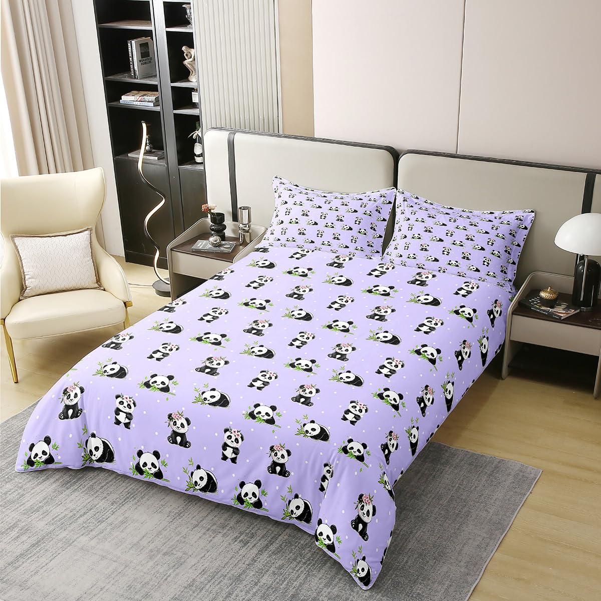 Manfei Kawaii Panda 100% Cotton Duvet Cover Set Twin Size, Cute Panda Print Bedding Set 2pcs, Cartoon Animals Purple Quilt Cover, Kids Girls Teens Room Decor, 1 Pillowcase,No Comforter
