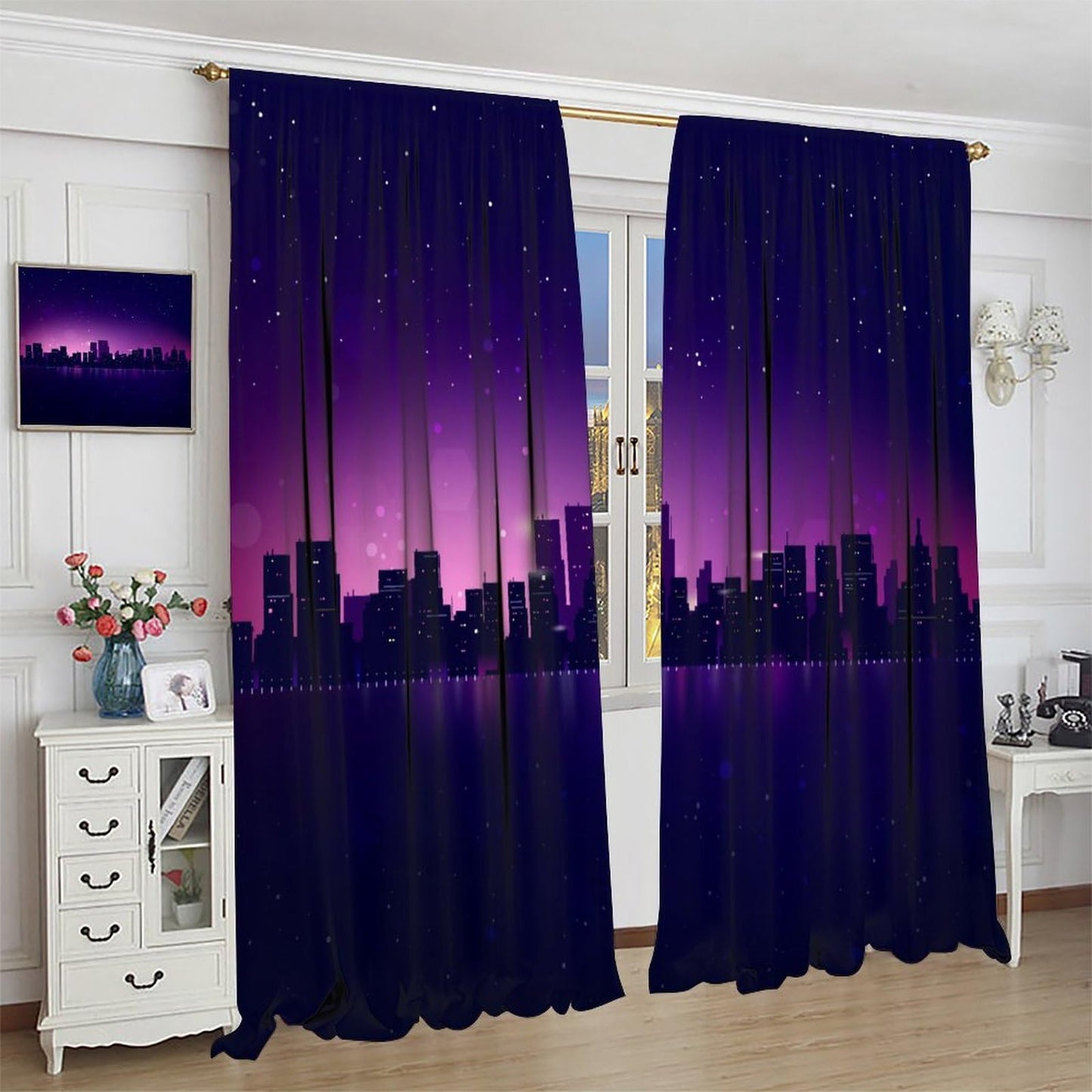 DDCBNS City Skyline Blackout Curtains,Midnight Cityscape Purple Urban Starry Sky Printed Curtains for Bedroom Living Room,Window Drapes 2 Panel Set for Kitchen Décor,Total Size 42" x 45"