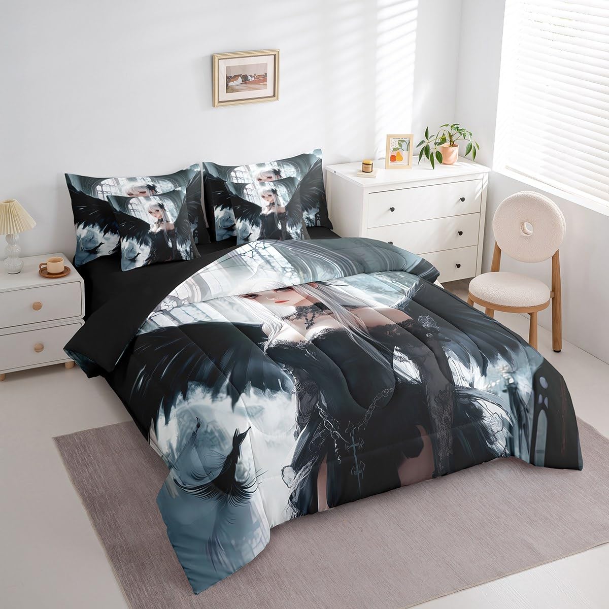 Erosebridal Anime Girl Bedding Sets 7 Piece Twin Size, Kawaii Japanese Anime Comforter Set for Kids Boys Teens Adult, Cartoon Girl Bed in A Bag Japan Animation Sheet Set, Machine Washable