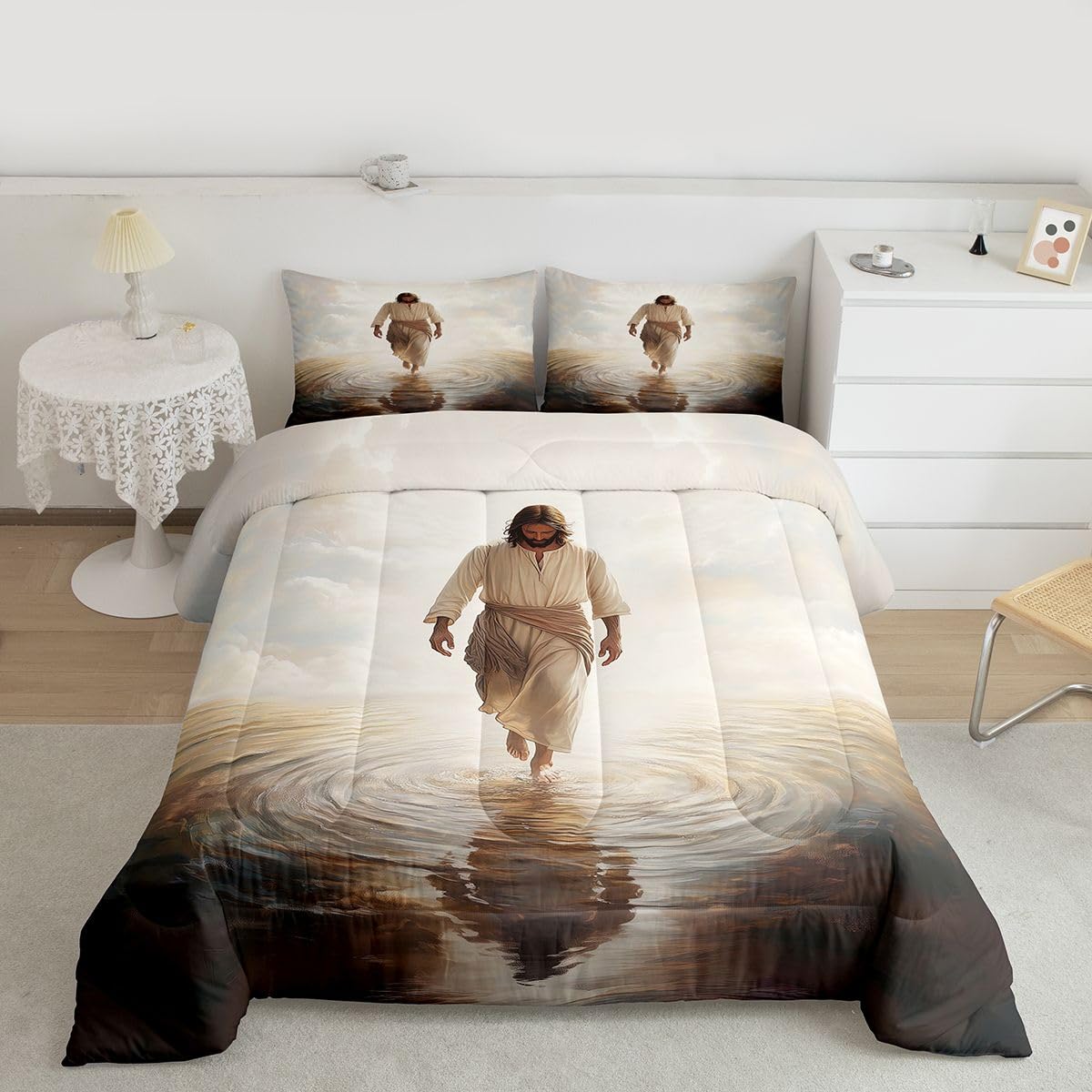 Manfei God Walking on Water Girls Bedding Set Twin Size,Bible Verse Western Faith Comforter Set,Modern Artwork Spiritual Quilt Comforter Girls Boys Teens,Beige Gray Room Decor All Season,1 Pillowcase