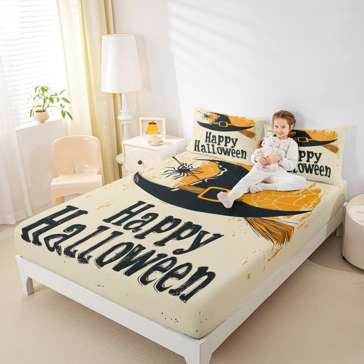 Feelyou Kids Happy Halloween Bedding Set Full Size, Witch Bed Sheet Set Boys Girls Spider Web Fitted Sheet Horror Decor Teens Bedroom Decor Lightweight Bed Set (No Flat Sheet)