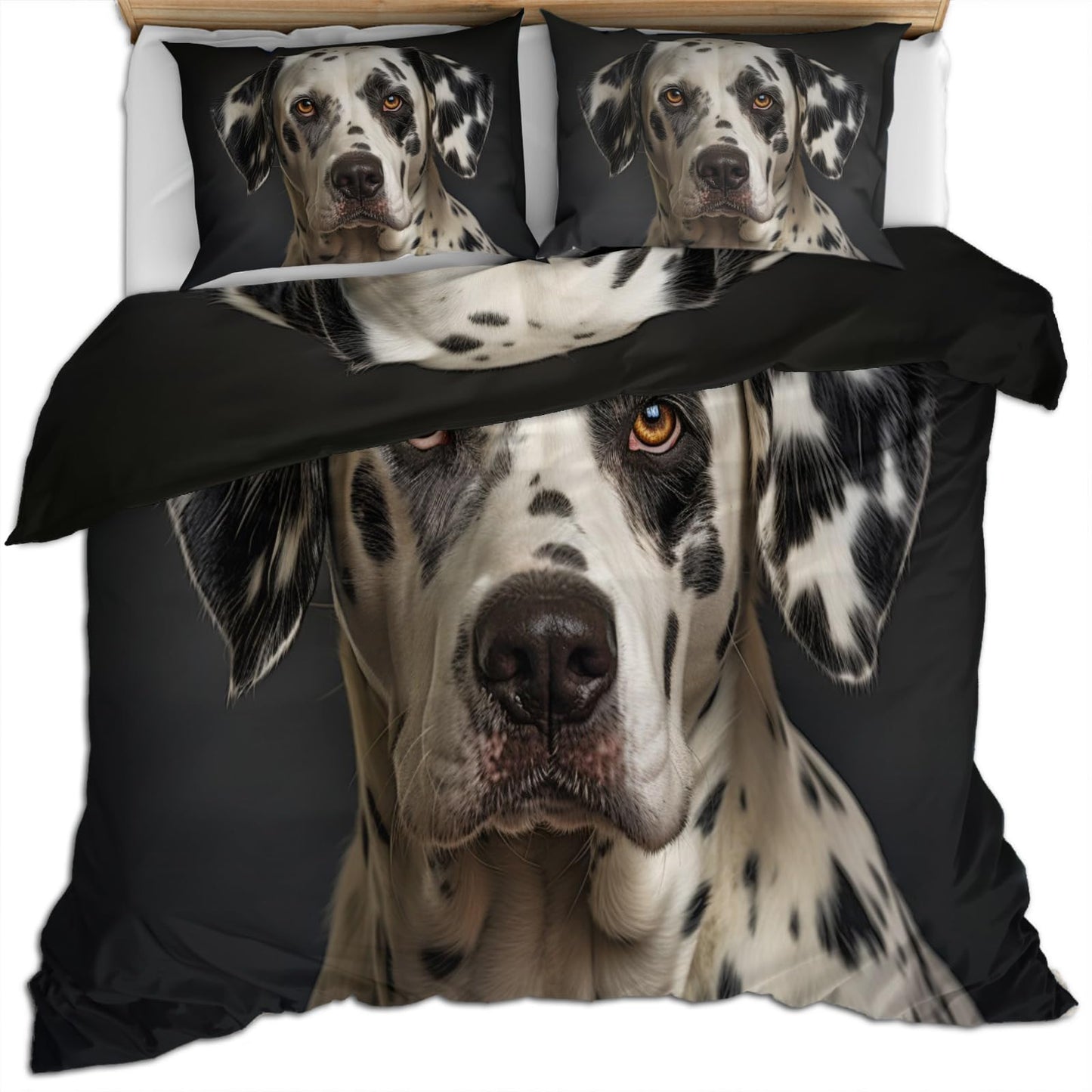Dog Print Duvet Cover Queen Size - Dalmatian Lover Home Decor & Gifts, 3 Piece Back to School Dorm Bedding, Easy Care Microfiber Comforter Cover & Pillowcases, Black