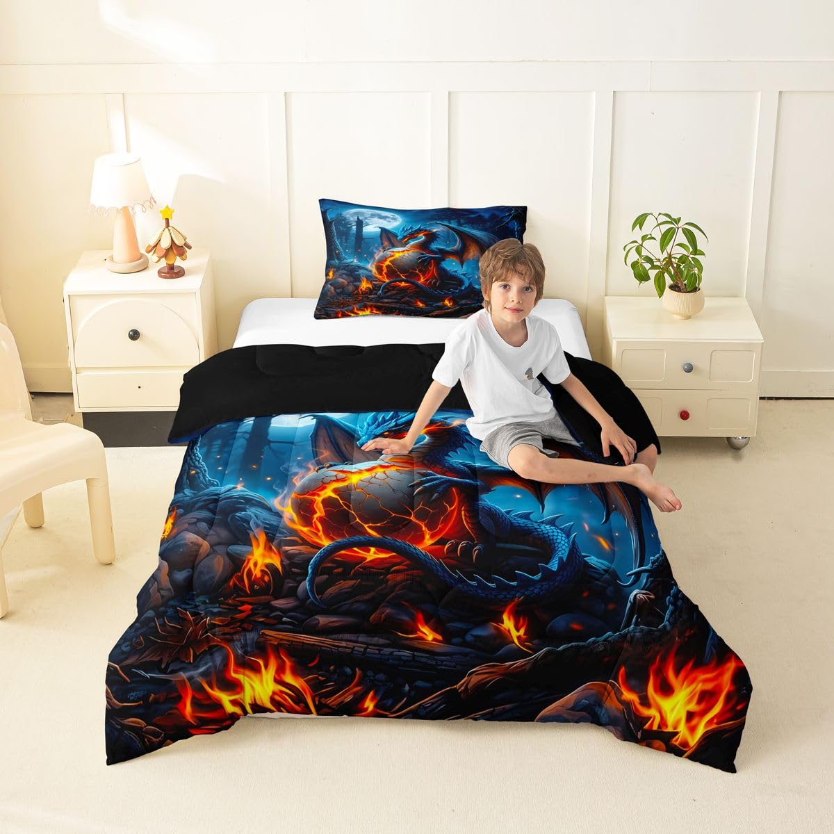 Feelyou Blue Black Dragon Bedding Set Soft for Boys Girls, Wild Animal Comforter Set Twin Size Mysterious Dragon Egg Duvet Quilt Microfiber Gothic Magic Bedroom Decor 2 Pcs with 1 Pillow Cases