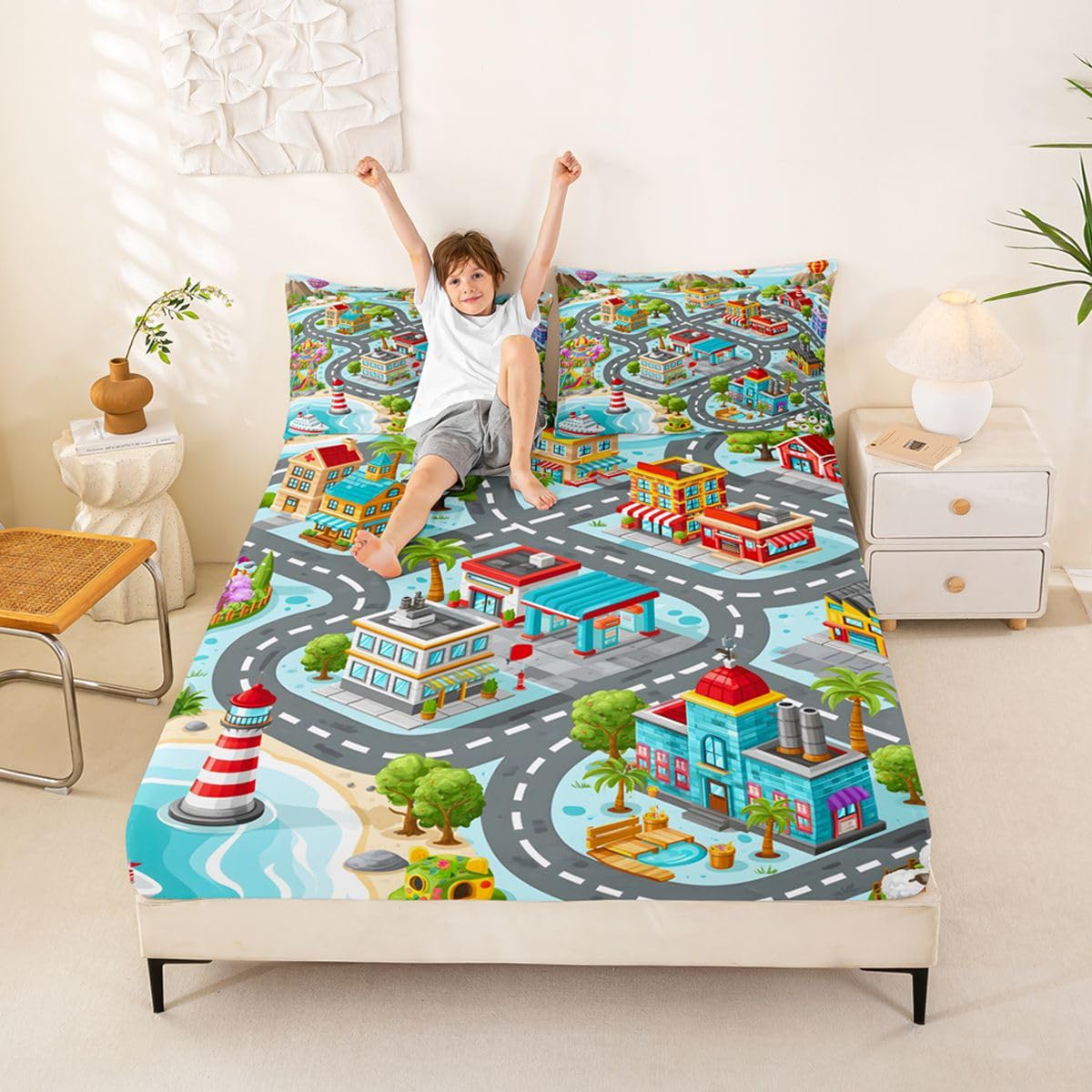 Manfei Coastal Town Map Fitted Sheet Set Road House Lighthouse Ocean Bedding Set for Kids Bedroom Seaside Interactive Cute Bed Sheet Set 3pcs Deep Pocket Mattress Cover,No Top Flat Queen Blue Black