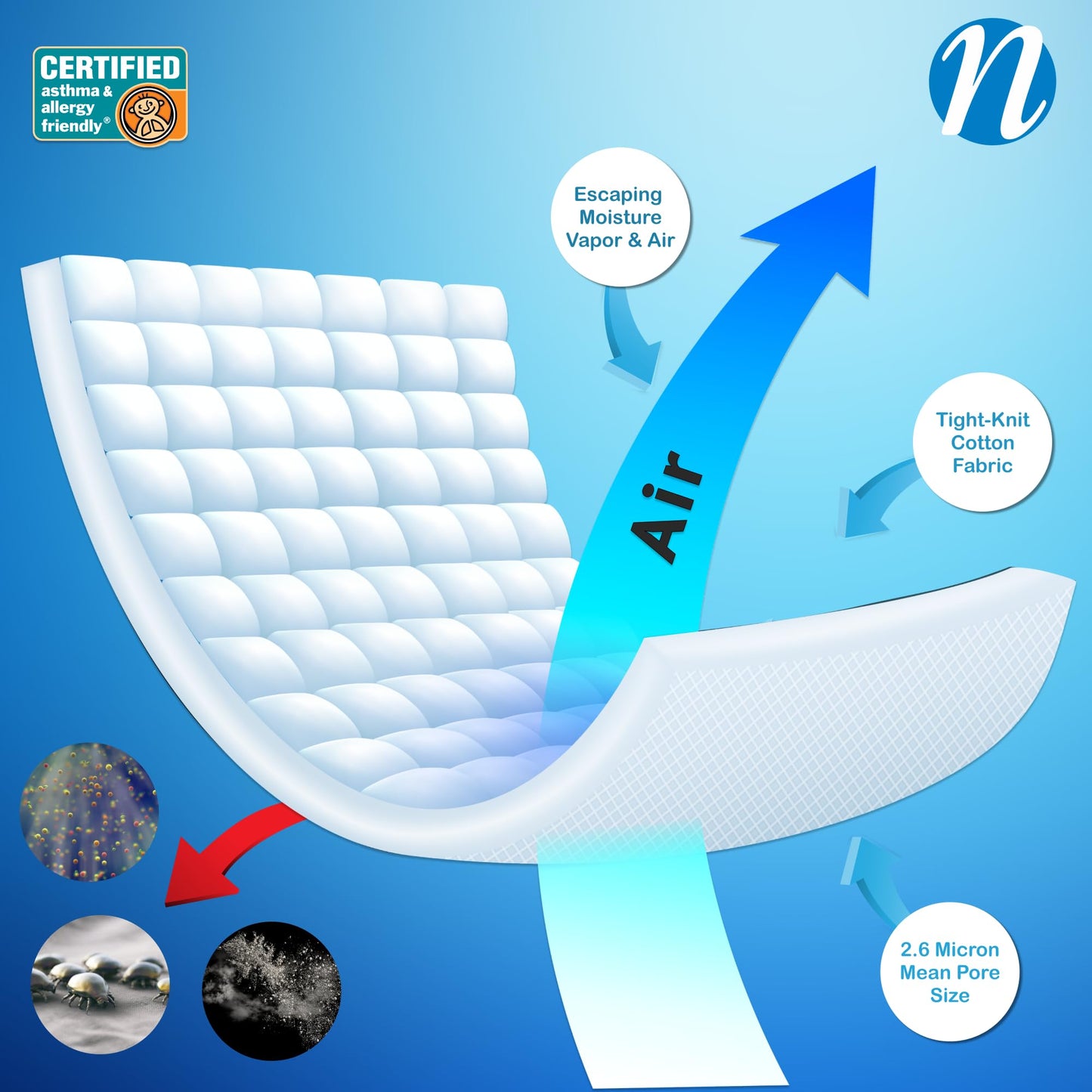 National Allergy 100% Cotton Queen Mattress Encasement 60x80x16, Hypoallergenic, Dust Proof Zippered 6-Sided Cover, Breathable, Noiseless Natural Cotton, AAFA Certified
