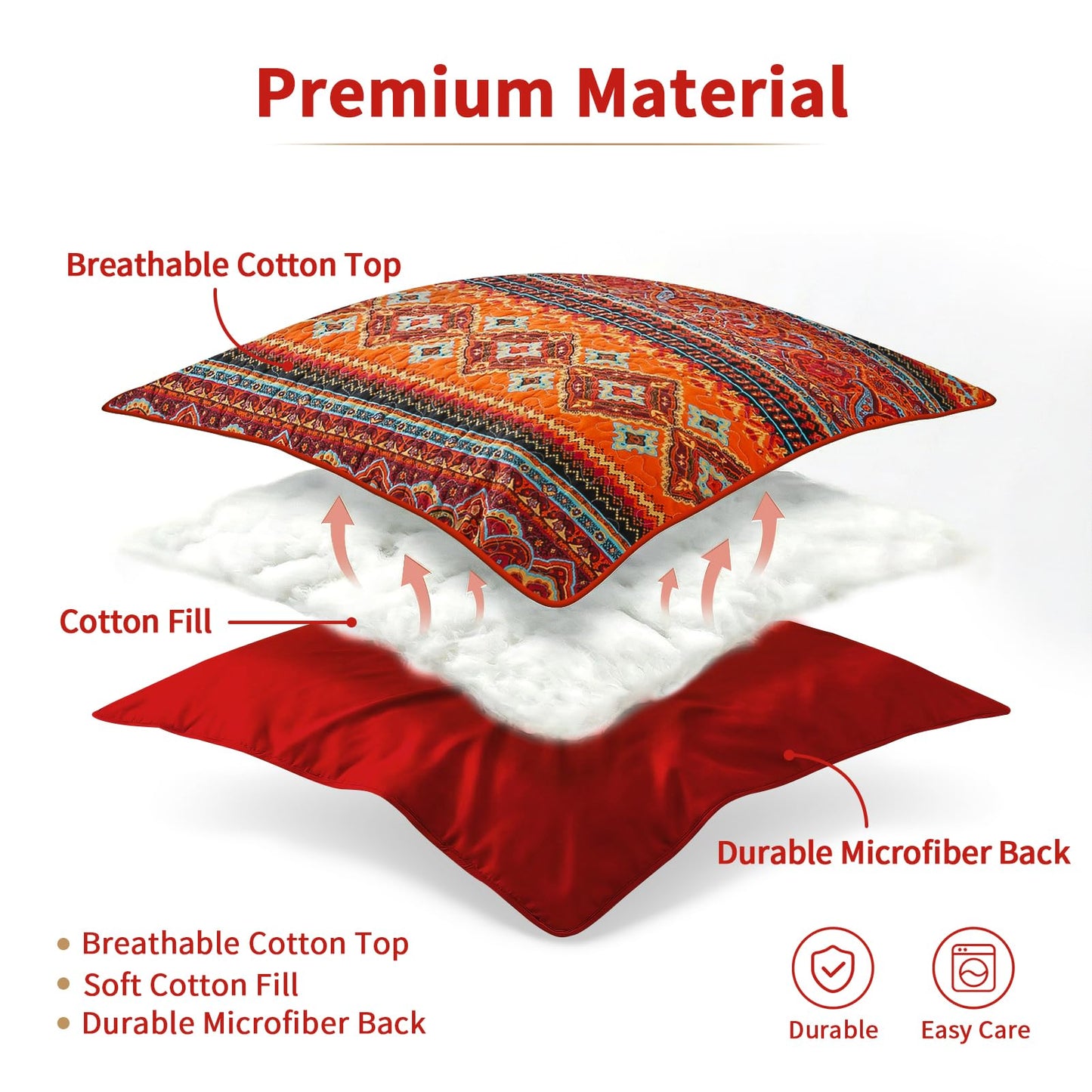 TWINRUN Cotton Quilt Queen, 3 Piece Boho Bedspread Queen Size(90 x 98 Inch)， Lightweight Vibrant Orange Red Bohemian Stripes Bedspread, Cotton Coverlet for All Seasons
