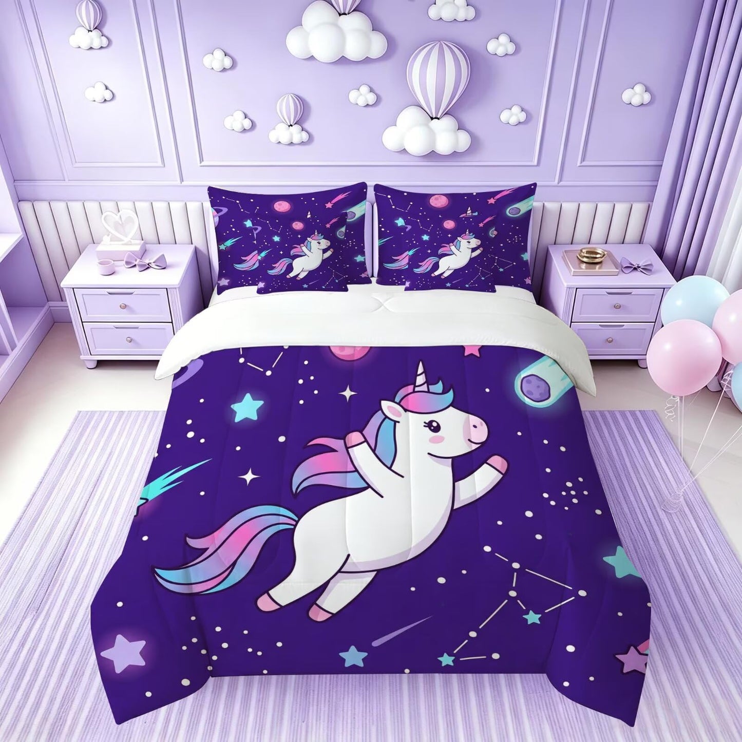 FUYEUN Unicorn King Comforter Set with Sheets for Kids Boys Girls Starry Sky Print 7 Pieces Cute Bedding Set Cartoon Animal Bed in a Bag Princess Room Decor