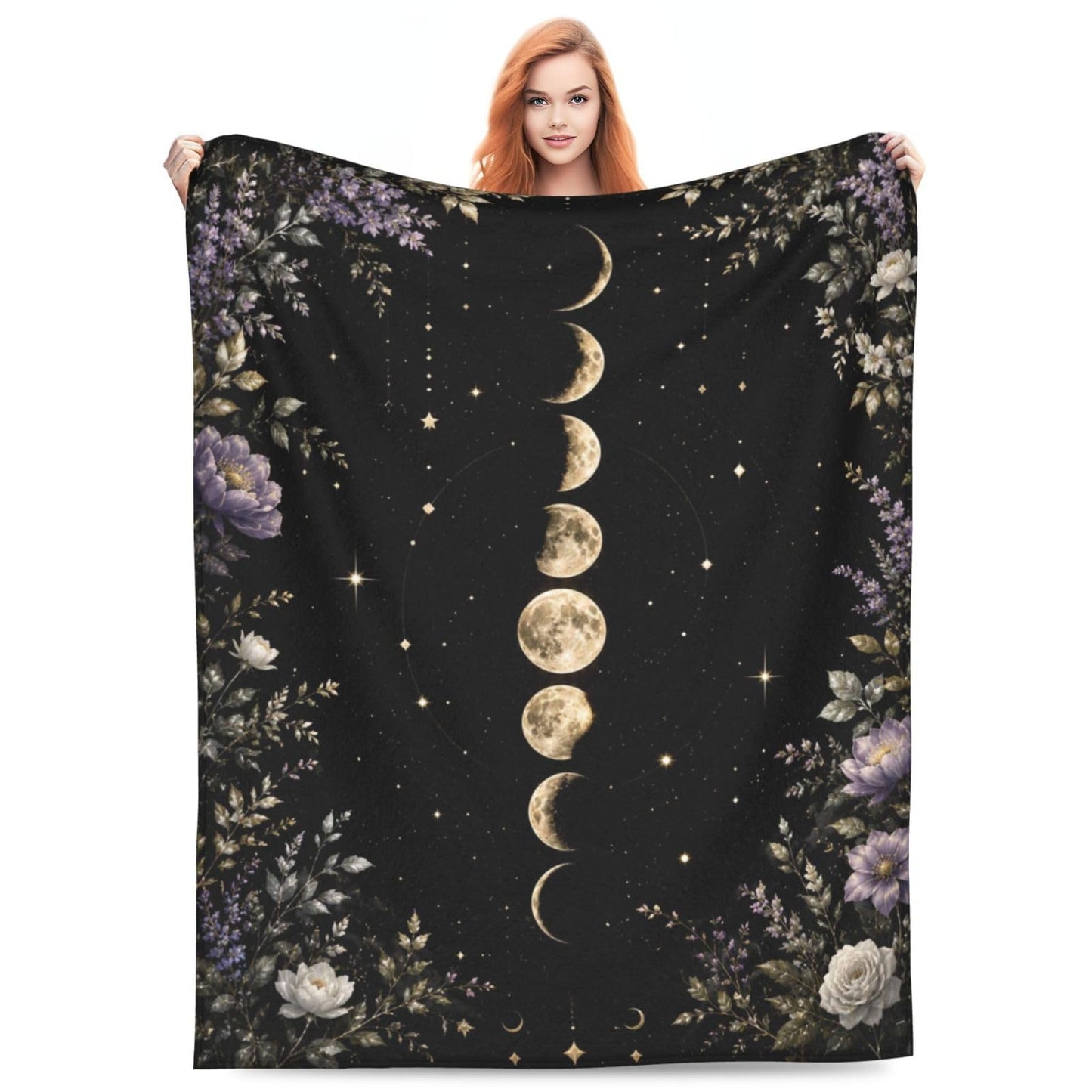 TZJCCMAY Moon Phases Blanket for Kids Women Adults, Gothic Floral Throw Blankets, Soft Lightweight Fleece for Bed Sofa Home Living Room Decor, Birthday Gifts, 50x60in