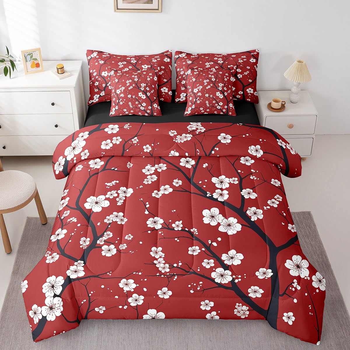 Erosebridal Cherry Blossom Full Size Bed Sheets and Comforter Set,Japanese Style Flowers 7 Piece Bedding Set Boho Floral Bed in a Bag,Retro Tree Branches Farmhouse Decor Bed Sets