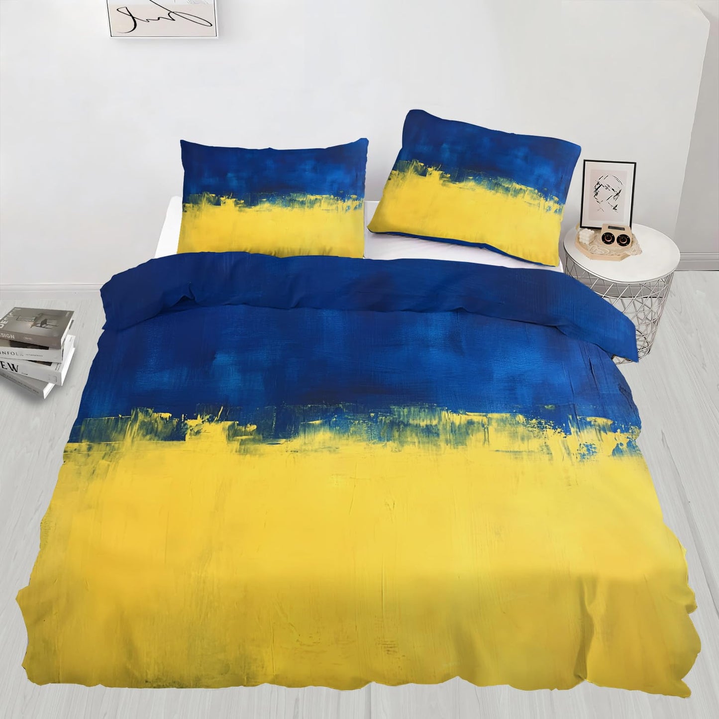 GKPLY Blue and Yellow Bedding Duvet Cover, Abstract Comforter Set with Zipper, Brushes Painting Duvet Cover Twin, 3 Pieces with 2 Pillowcases, Reversible Bedding & Bedroom Decor, Easy Care